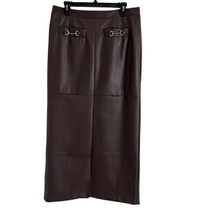 New 7 For All Mankind Women's Faux Leather Midi Skirt Horsebit Size Large Brown